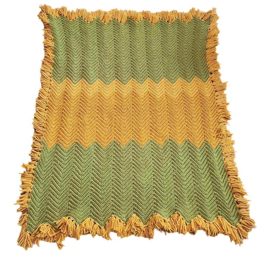 Vintage Handmade Crochet Throw Blanket Green Gold Chevron Fringe 33x43 Groovy